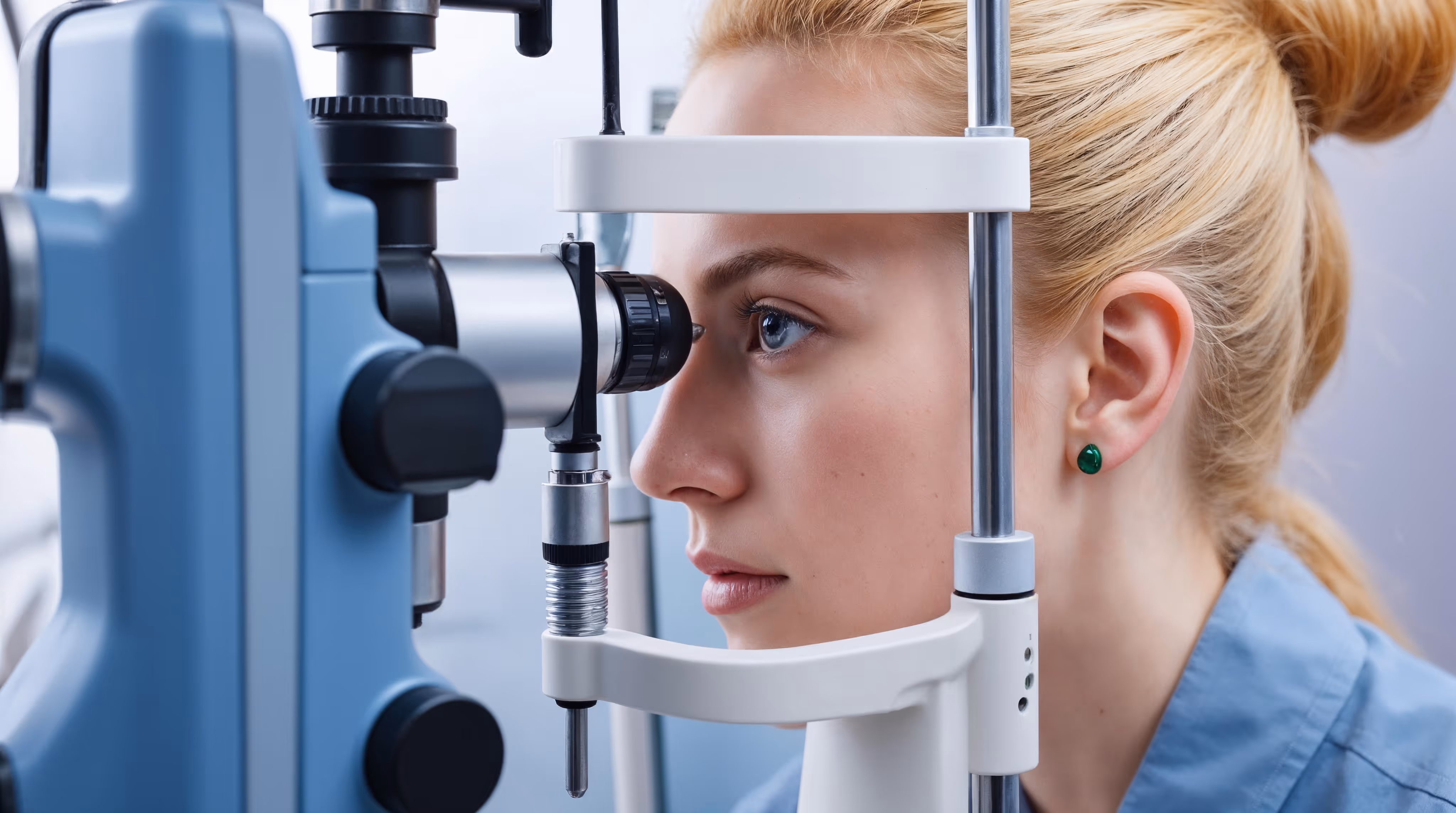 Young woman undergoing an eye examination using a slit lamp at an ophthalmologist's office.