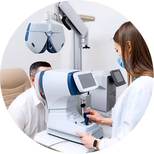Optometrist wearing a face mask operating an eye exam machine while a male patient looks into it in a clinic.