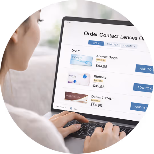 Person browsing daily contact lenses online with options Acuvue Oasys, Biofinity, and Dailies TOTAL 1.