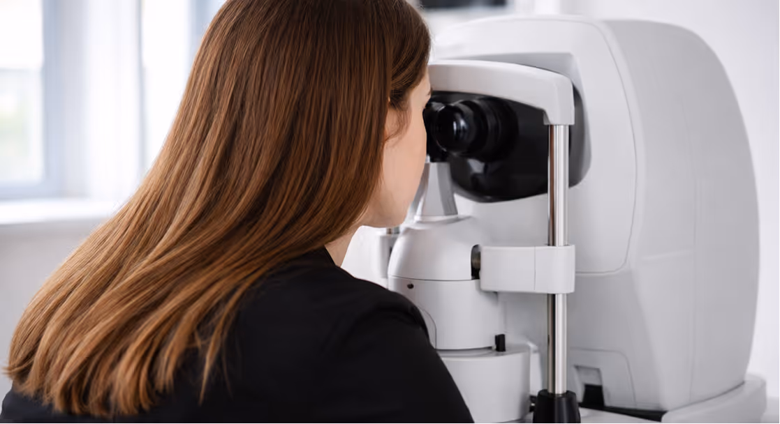 Woman with brown hair undergoing an eye examination using a white optical machine.