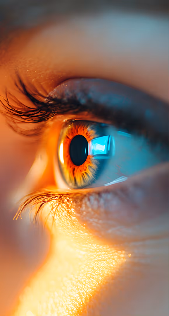 Close-up of a human eye with vibrant orange and yellow iris illuminated by warm light.