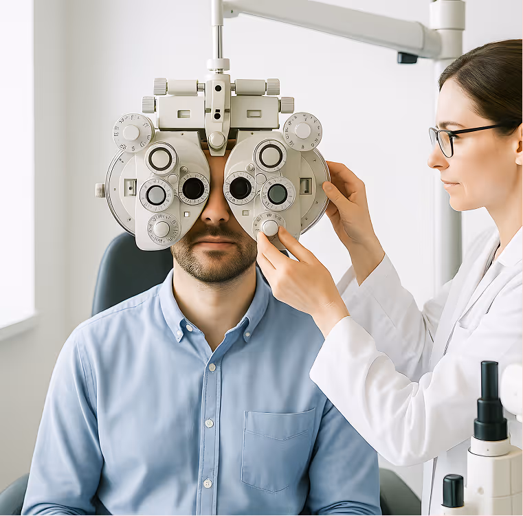 Optometrist adjusting a phoropter for a male patient during an eye examination.