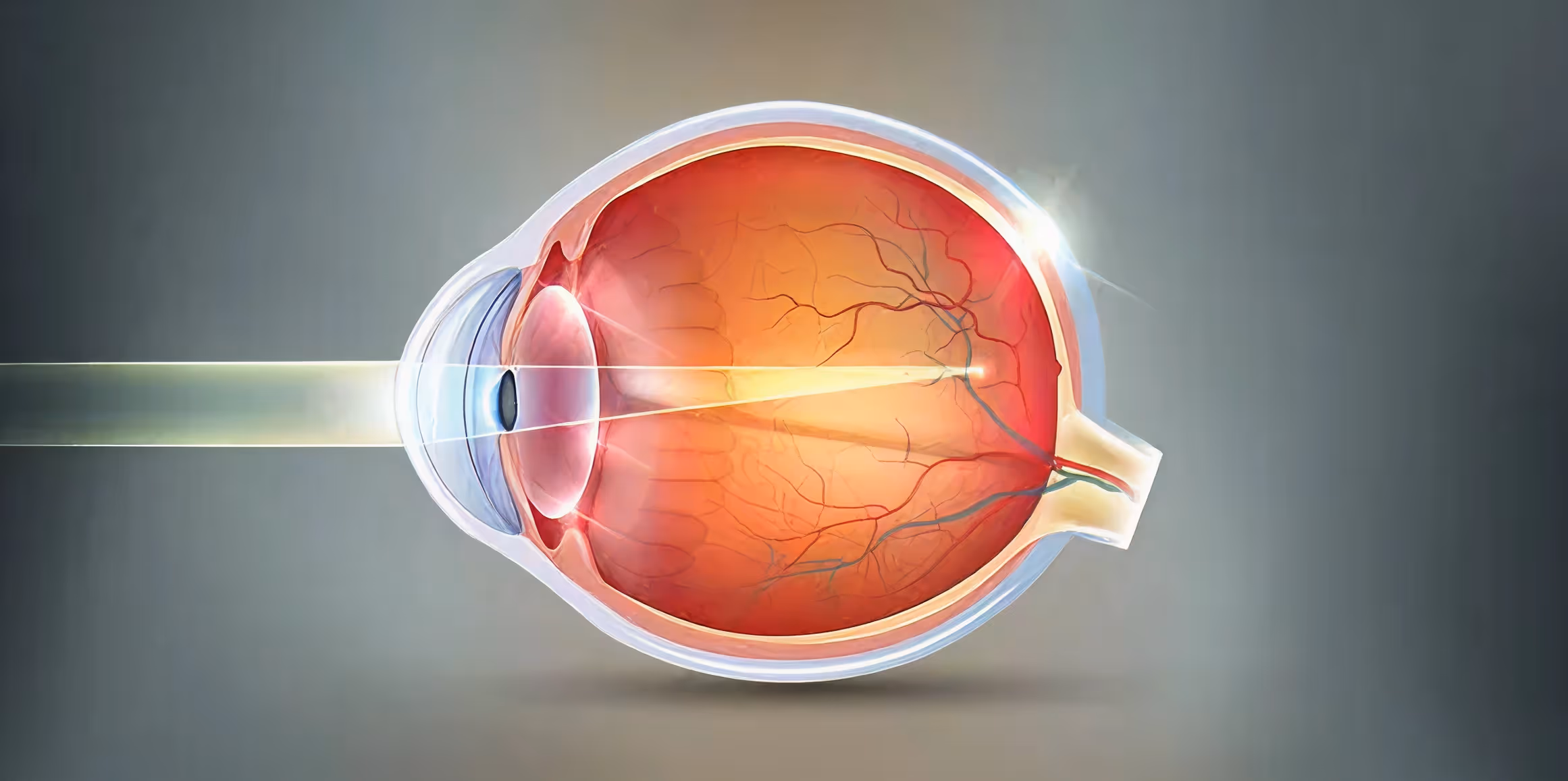 Cross-sectional illustration of a human eye showing the cornea, lens, retina, optic nerve, and light rays entering the eye.