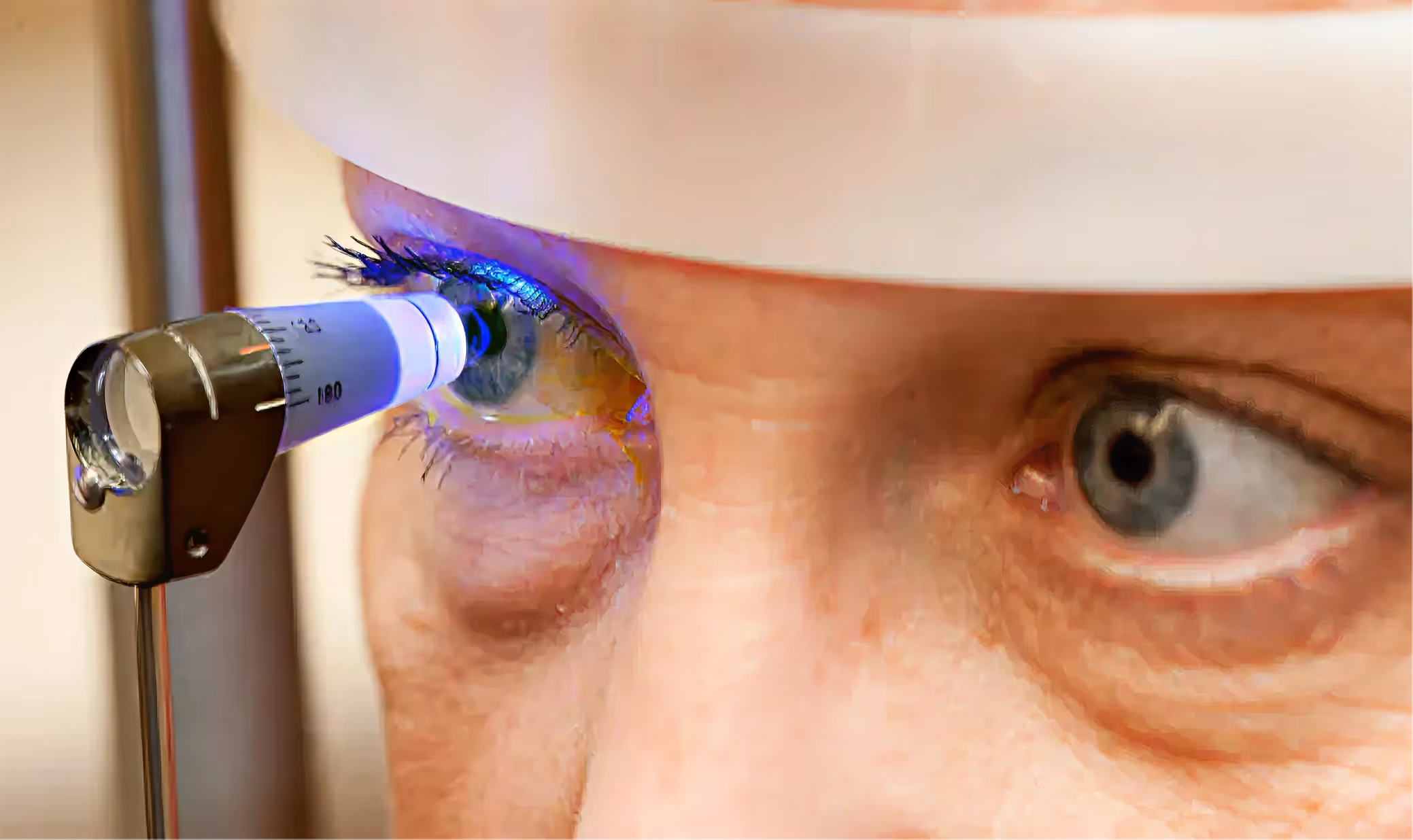 Close-up of a person's eye undergoing an eye exam with a diagnostic instrument and blue light.