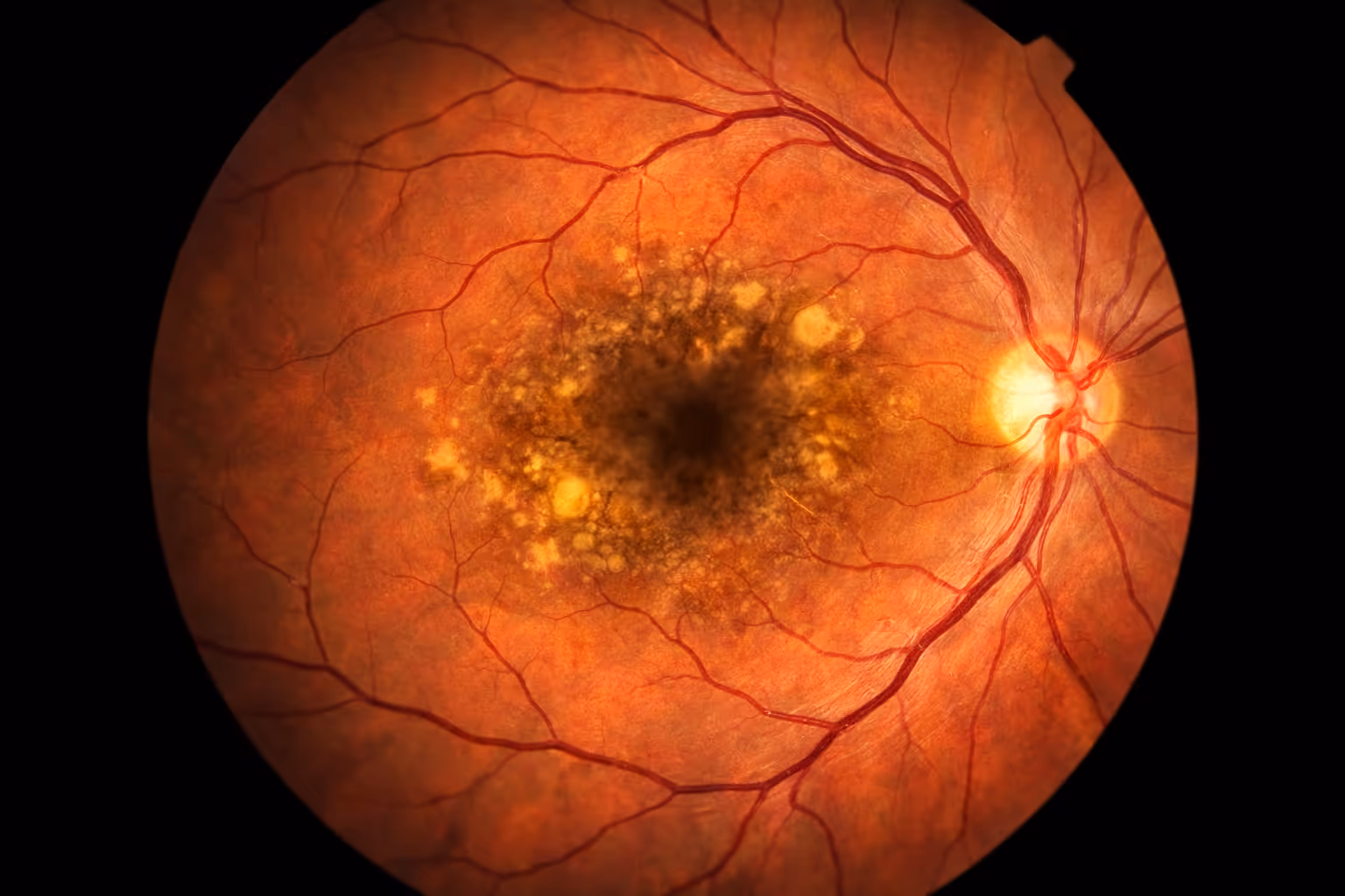 Close-up retinal image showing blood vessels, optic disc, and macular degeneration with yellow deposits at the center.
