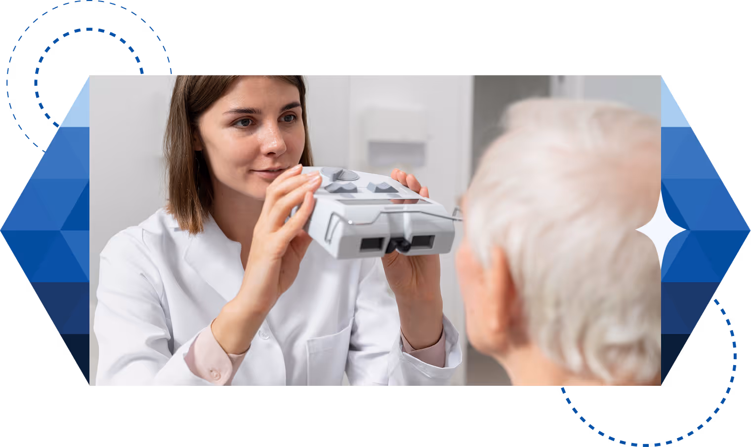 Female optometrist holding a vision testing device up to an elderly patient's eyes in a clinical setting.