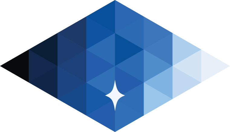 Geometric diamond shape with a gradient of blue triangular facets and a white starburst in the center for Crystal Vision