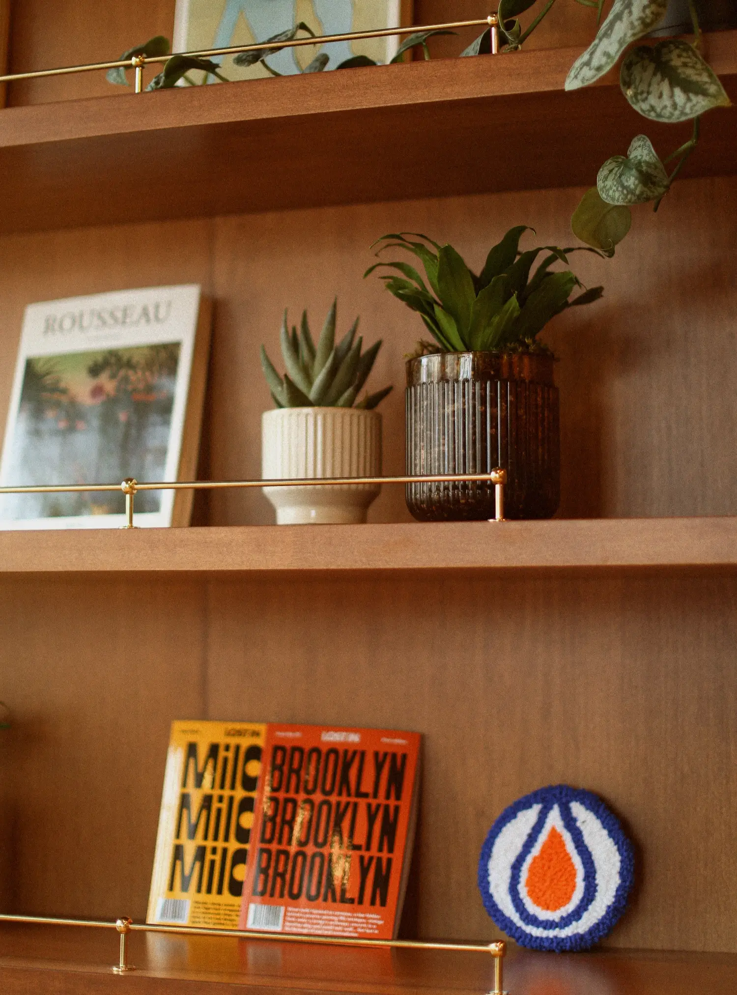 Wooden shelf with two potted plants, a book titled 'ROUSSEAU', two magazines labeled 'BROOKLYN', and a round blue, white, and orange decorative item.