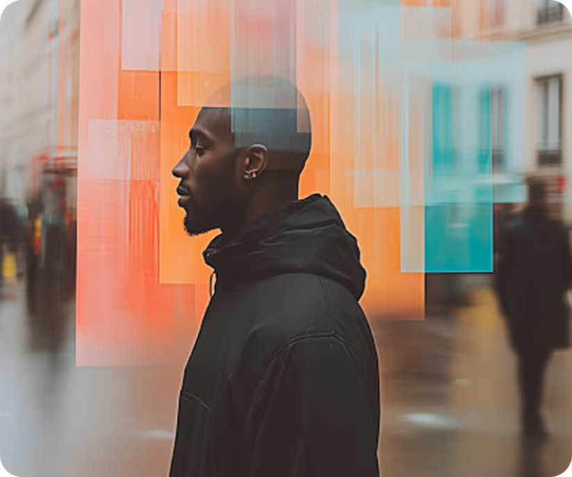 Profile of a man with eyes closed wearing a black hoodie, with blurred colorful rectangular overlays and street background.