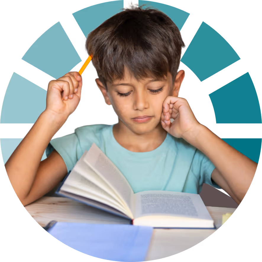 A young boy deep in thought while reading a book during a clinical dyslexia testing session.