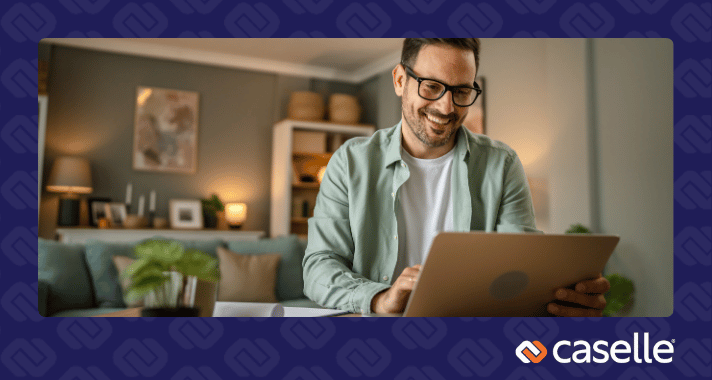 City finance professional smiling while reviewing account information on a laptop at home