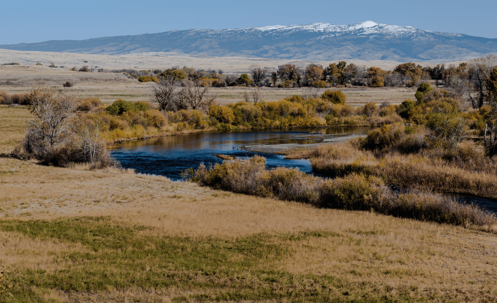 The Weiser River winds through golden grassland in west-central Idaho, with snow-capped mountains in the distance