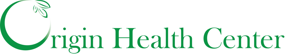 Origin Health Center logo featuring a stylized green letter O with two small leaves on top, followed by the text 'Origin Health Center' in green.