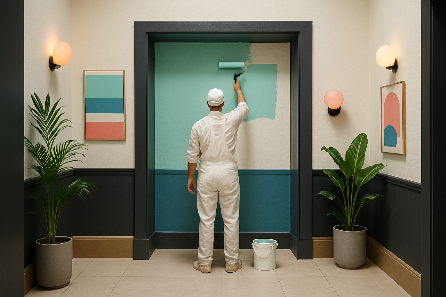 Painter in white overalls applying turquoise paint on a beige wall with a paint roller inside a framed alcove.