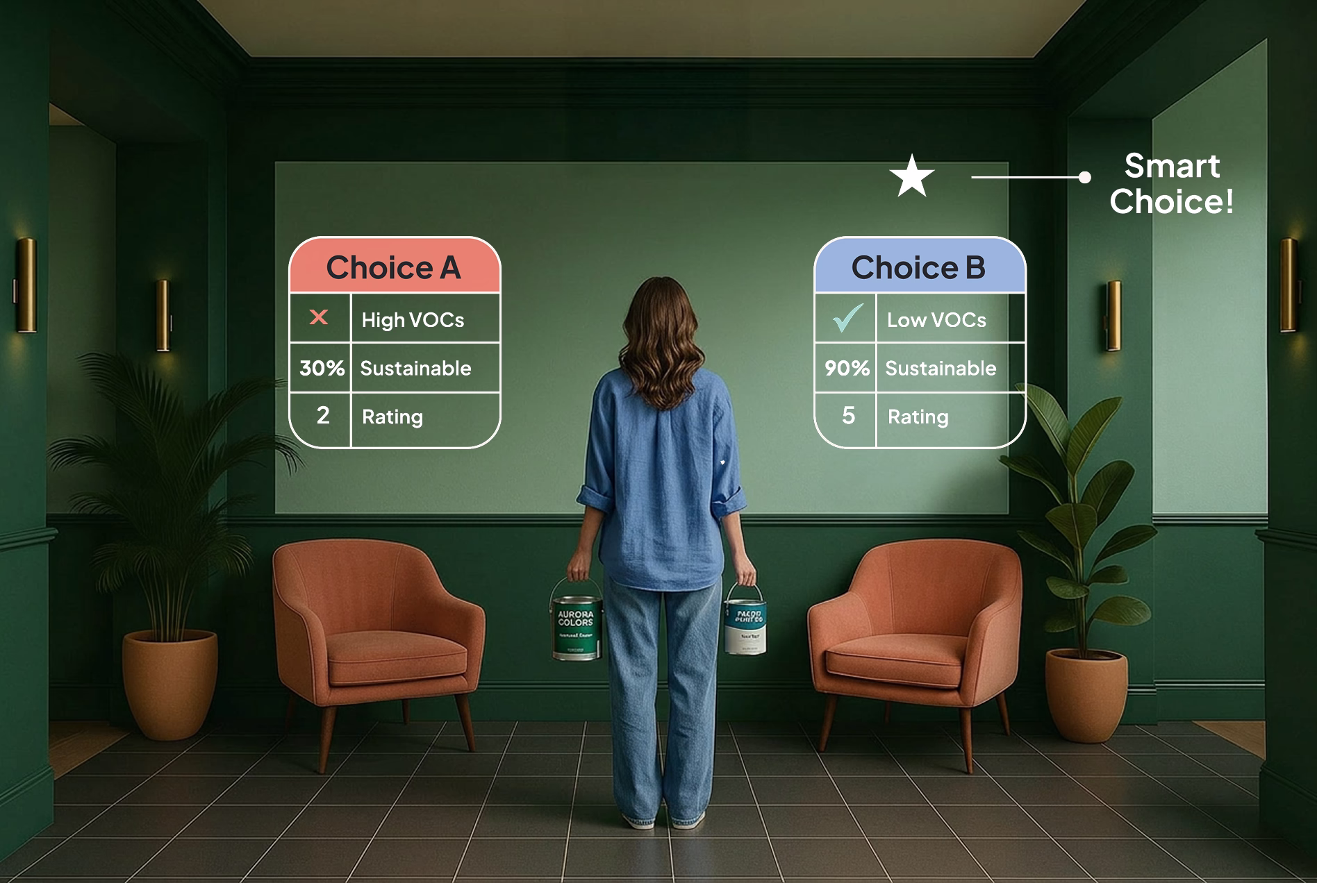 Woman holding 2 paint cans choosing which is best based on MindClick product intelligence