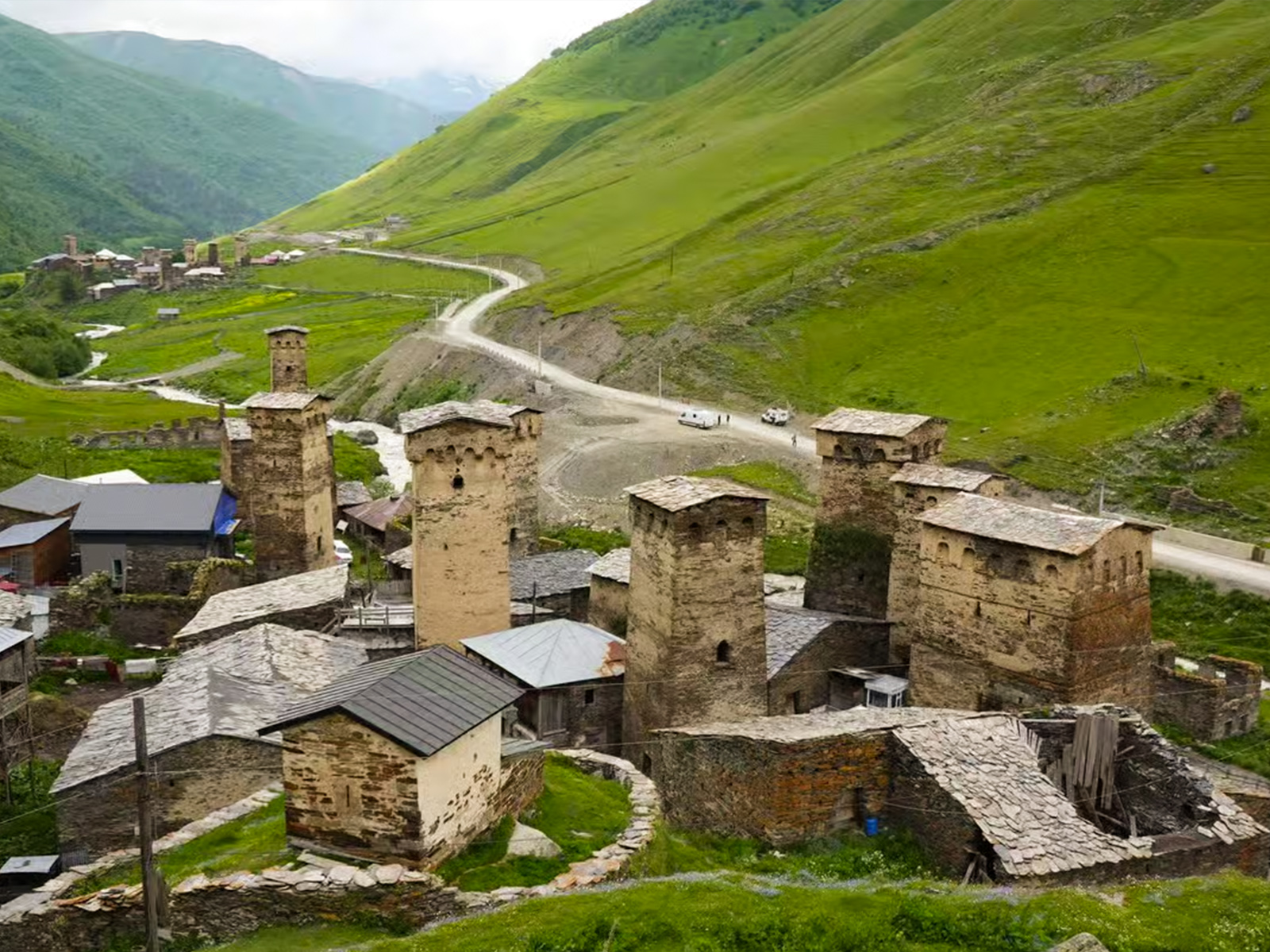Ushguli village viewpoint showing medieval Svan towers
