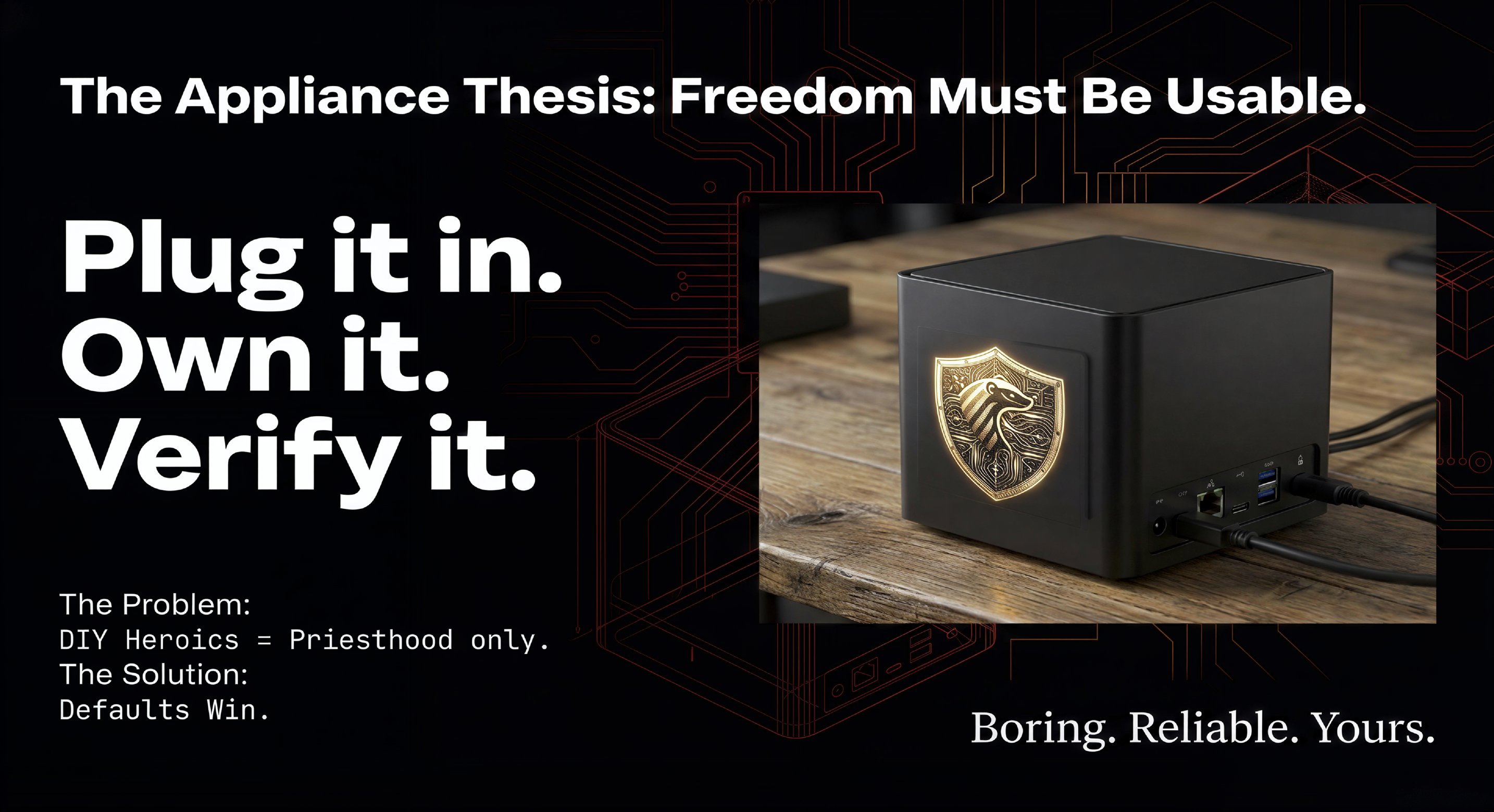 The Appliance Thesis: Freedom Must Be Usable — Plug It In, Own It, Verify It