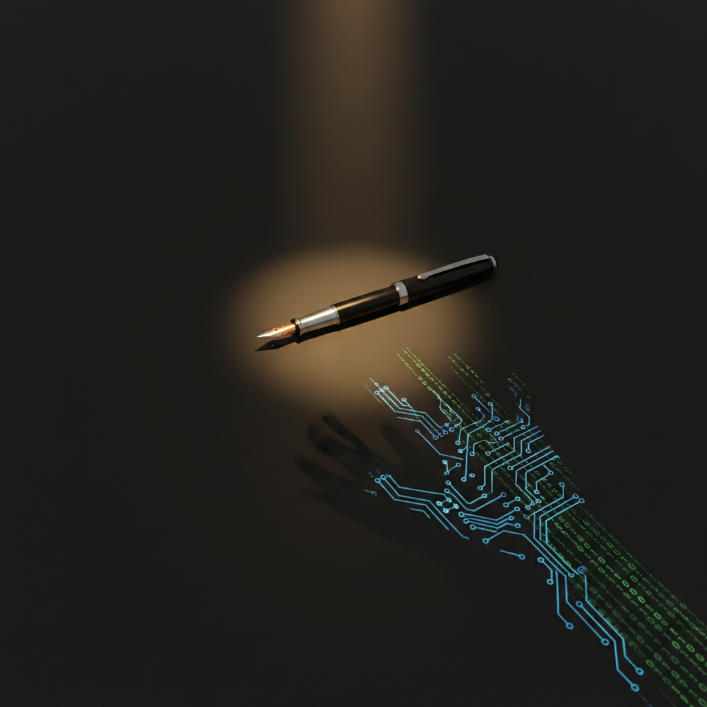 A fountain pen lying on a dark surface, illuminated by a single warm spotlight. The pen casts two shadows — one shaped like a human hand, one resolving into circuit traces and data patterns. An orange glow on the nib.