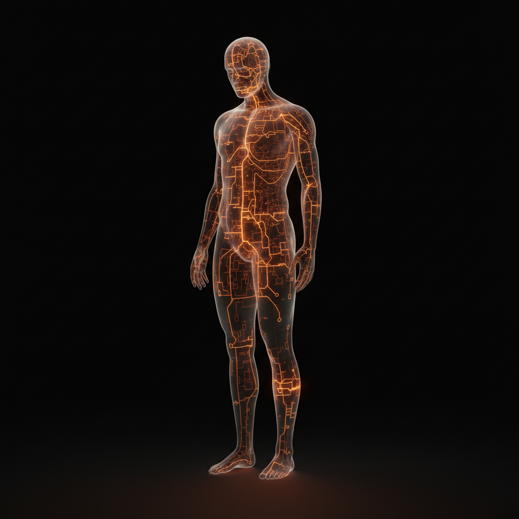A translucent human figure standing in darkness. Inside the body, glowing orange navigation lines form the internal structure. Where there are no glowing lines, the figure is dissolving into transparency.