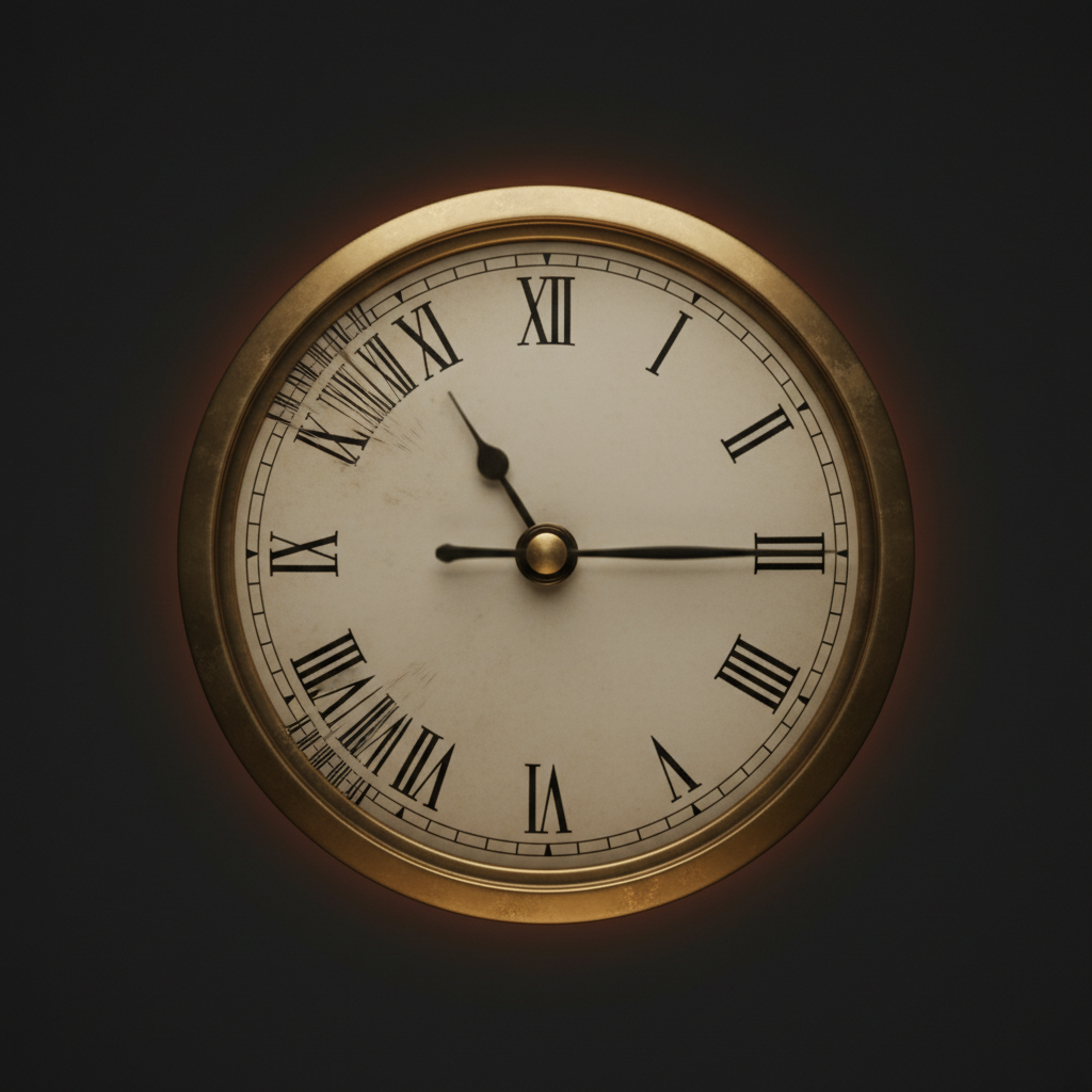 An analog clock face with the hour marks squeezed together, crowding into a narrowing space. The minute hand is a blur. The second hand is gone. The pause has been optimized away.