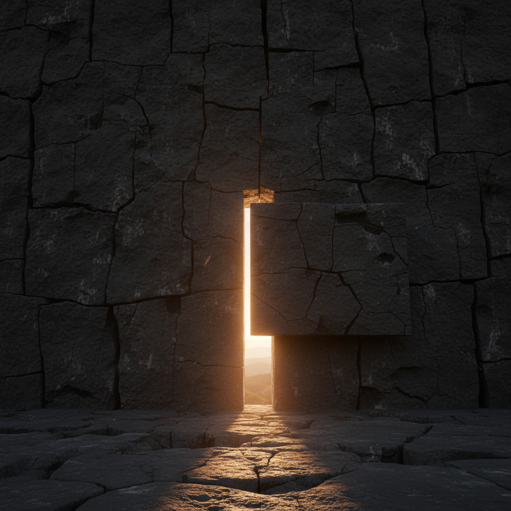 A narrow window of warm orange light in a massive dark wall. A heavy stone slab slides from one side, already covering half the opening. Through the remaining gap, a distant bright landscape.