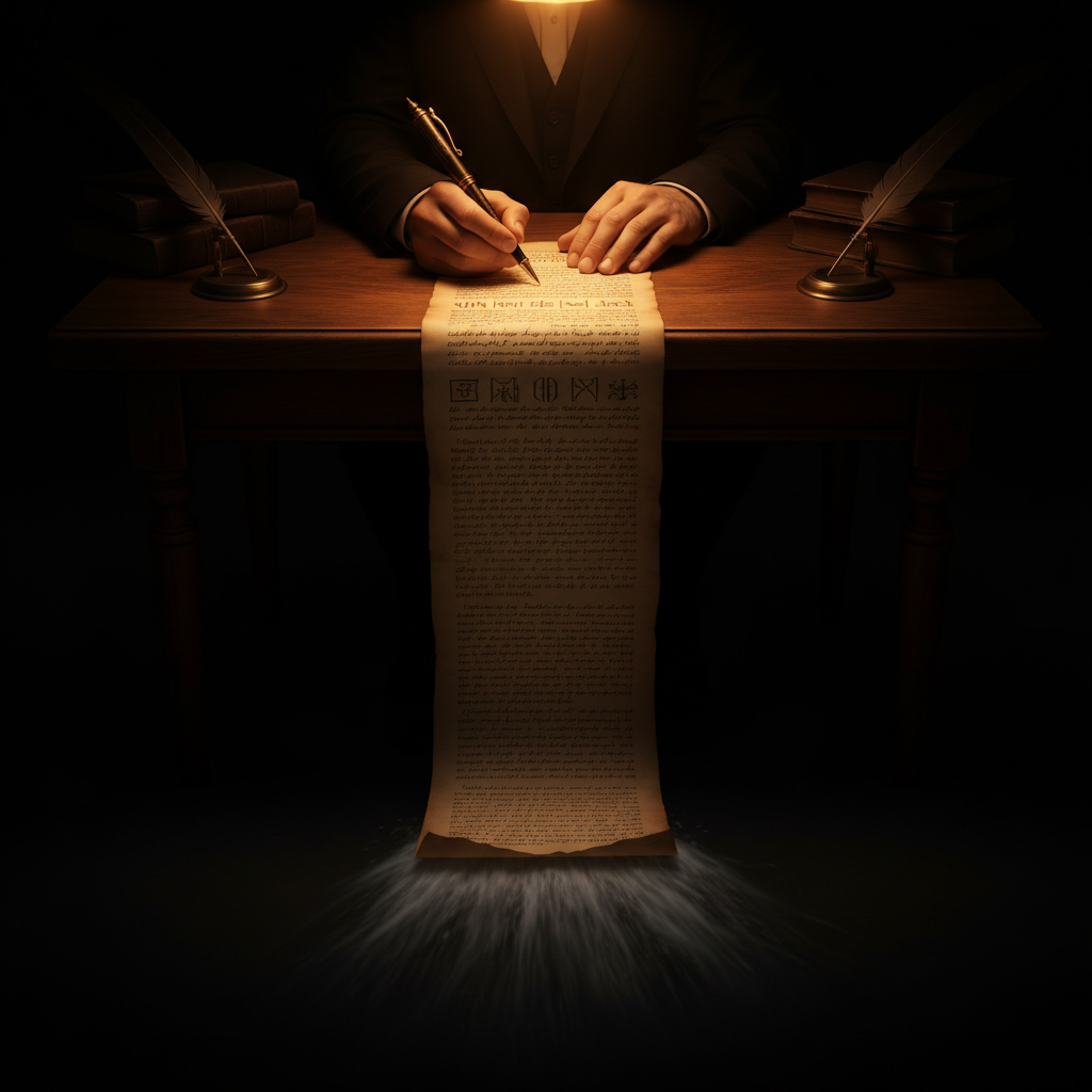 A stack of legal papers on a dark surface. One page in the middle glows with orange light bleeding through, as if the confession is burning through the bureaucracy surrounding it.