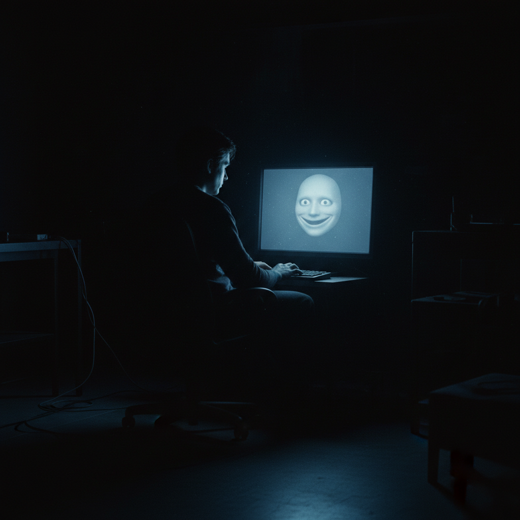 A person alone in a dark room facing a glowing screen with a grinning mask