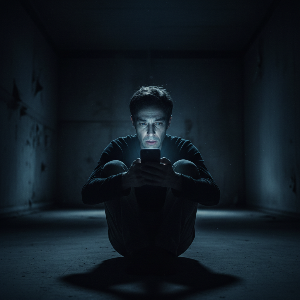 A person sitting alone in an empty room, face lit by phone glow