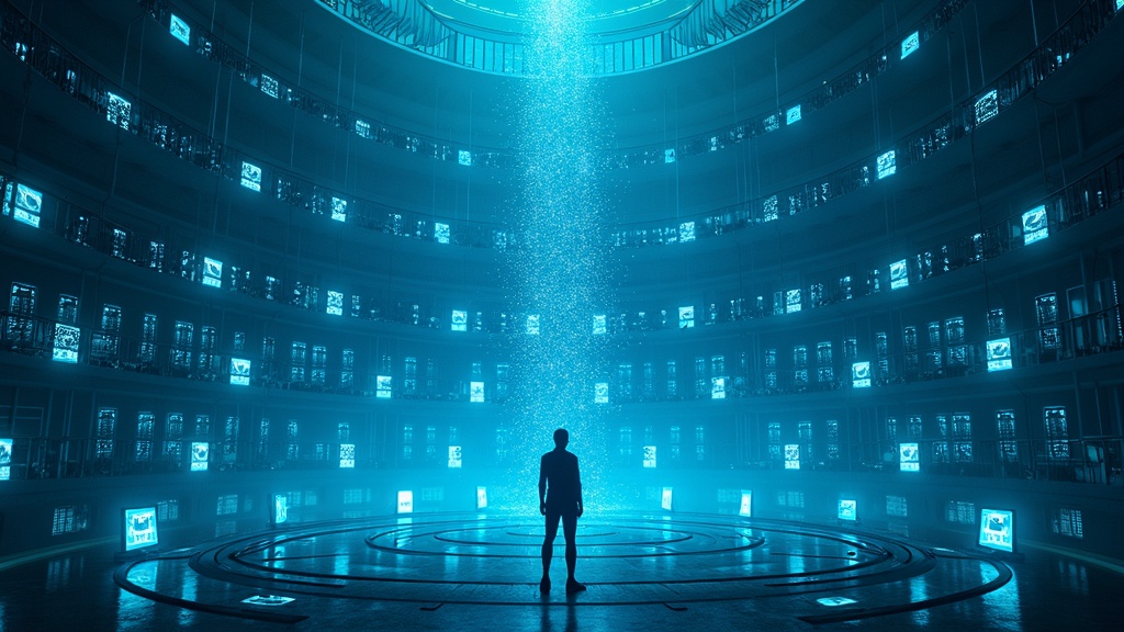 A digital panopticon — screens instead of cells, a server rack watchtower casting surveillance beams