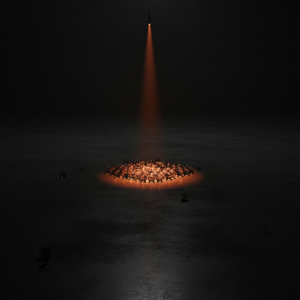 Dozens of glass marbles gathered in one corner of a dark room with an almost imperceptibly tilted floor, lit by a single warm orange light