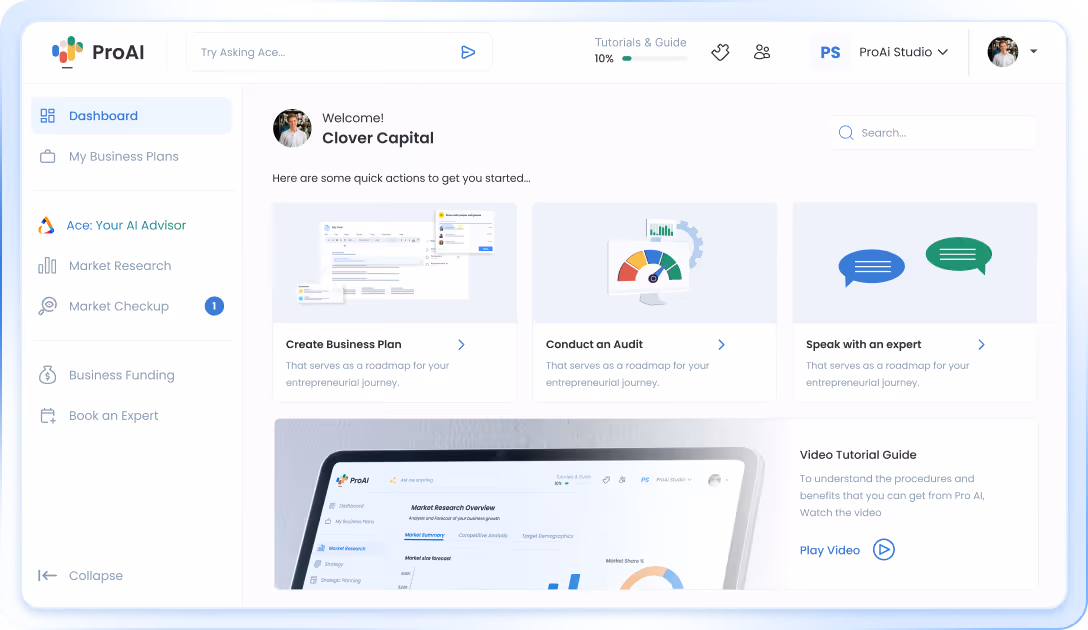 ProAI dashboard screen showing quick actions like Create Business Plan, Conduct an Audit, and Speak with an expert alongside a video tutorial guide.