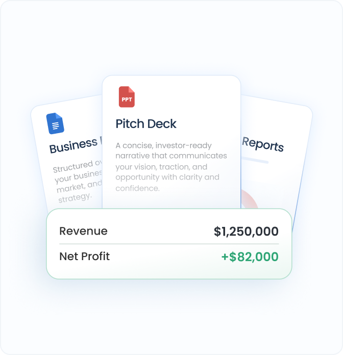 Cards labeled Business Plan, Pitch Deck, and Reports with financial summary showing revenue of $1,250,000 and net profit of $82,000.