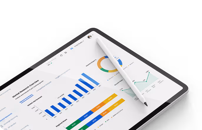 Tablet screen displaying a market research dashboard with bar charts, pie charts, and line graphs, and a white stylus pen resting on the screen.