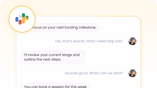 Chat interface with conversation about funding milestones and support, featuring a colored logo and user profile pictures.