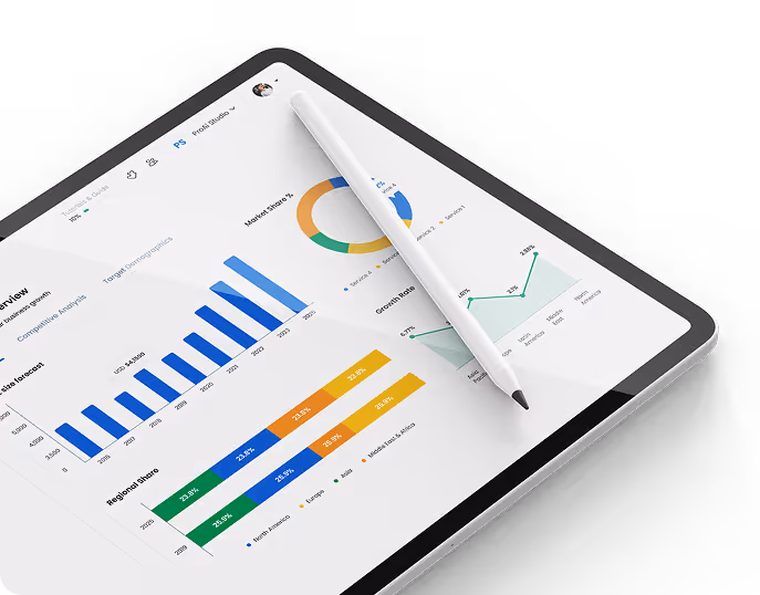 Tablet displaying colorful business charts and graphs with a white stylus placed on top.