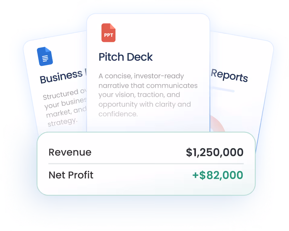 Financial summary card titled Pitch Deck showing revenue of $1,250,000 and net profit of $82,000 with brief explanation of its investor-ready narrative.