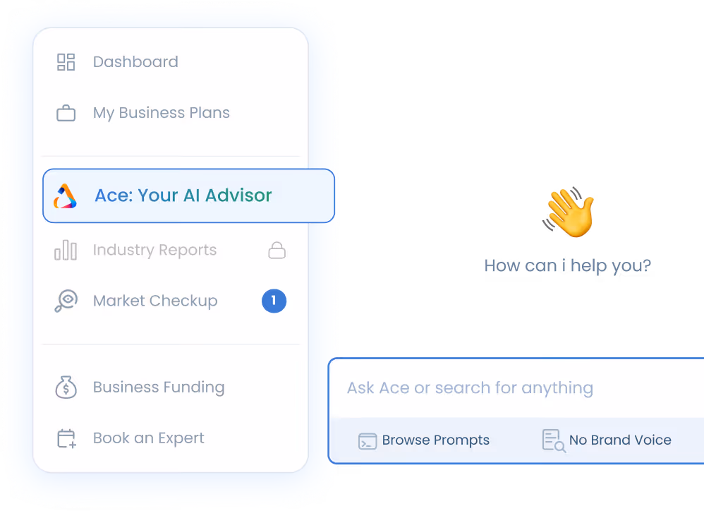 User interface showing a sidebar menu with options like Dashboard, My Business Plans, Ace: Your AI Advisor highlighted, Market Checkup with a notification, Business Funding, and Book an Expert, alongside a chat area with a waving hand emoji and prompt input box.