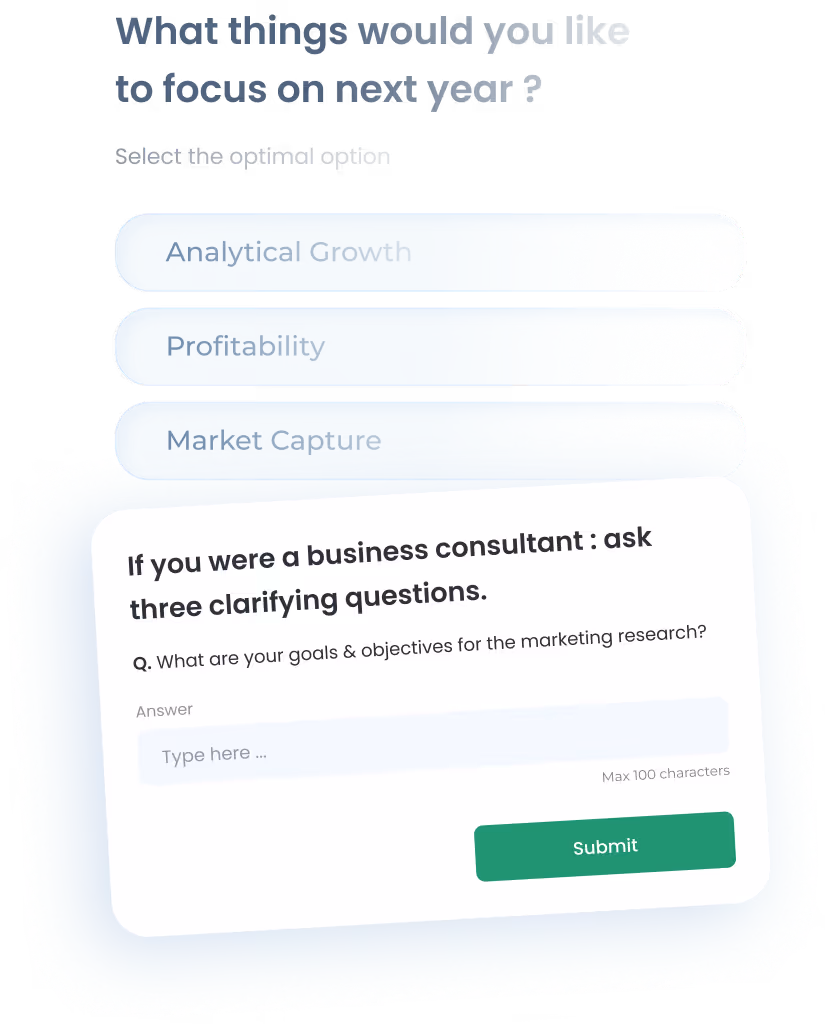 Survey form asking what to focus on next year with options Analytical Growth, Profitability, Market Capture and a text box to answer a business consultant question on marketing goals.