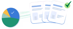 Pie chart with colored sections connected to three documents and a green checkmark.