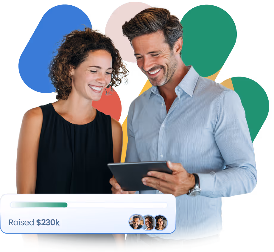 Smiling man and woman looking at a tablet with colorful abstract shapes in the background and a progress bar showing $230k raised.