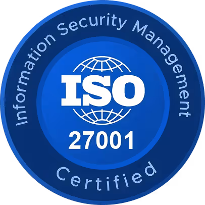 Blue circular badge with text 'ISO 27001 Certified' and 'Information Security Management' around a globe icon.