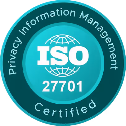 ISO 27701 Certified badge with text Privacy Information Management around a globe icon.