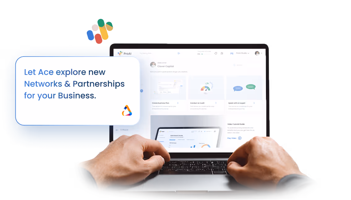 Hands typing on a laptop displaying ProAI software with a pop-up message saying, 'Let Ace explore new Networks & Partnerships for your Business.'