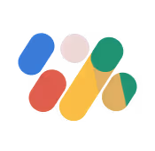 Abstract emblem with overlapping colorful rounded shapes in blue, red, beige, green, and yellow.