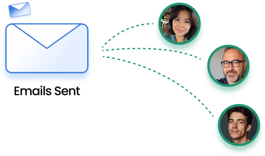 Illustration of a large envelope icon with dotted green lines connecting it to three circular profile photos of a woman and two men, representing message or email sharing.