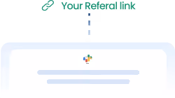 Illustration of a computer screen with a Google logo and blurred text, highlighted by a dashed line pointing to the label 'Your Referral link' with a link icon above.