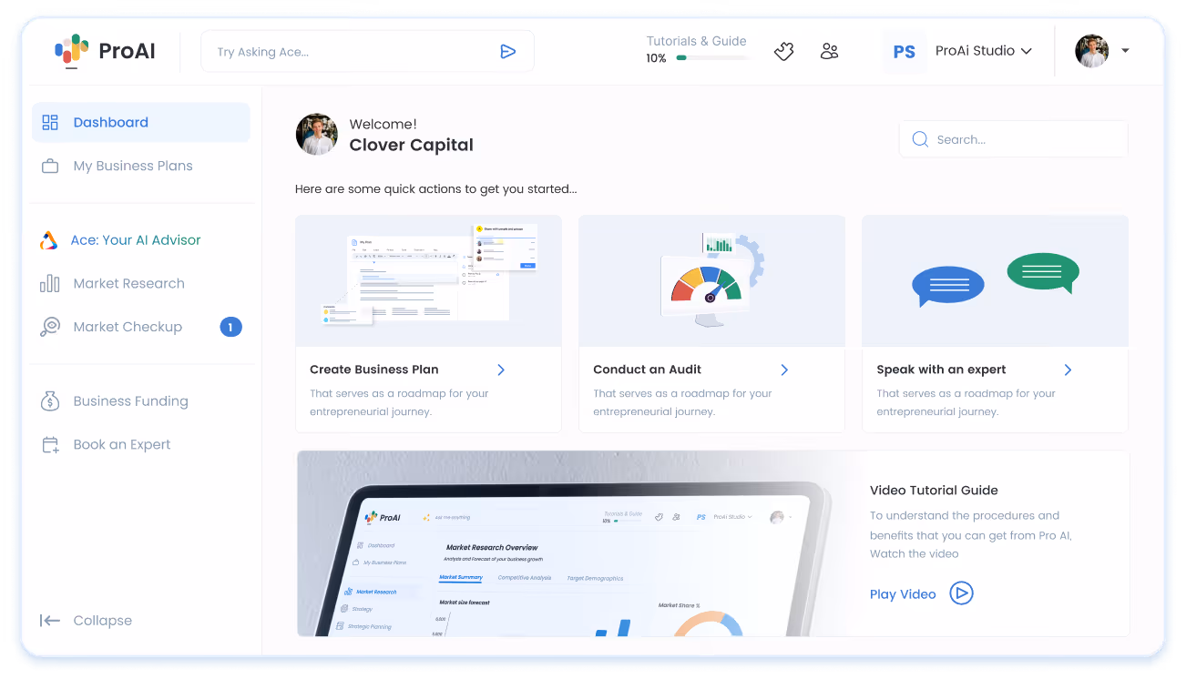 ProAI dashboard interface showing options to create a business plan, conduct an audit, and speak with an expert, with a sidebar menu and video tutorial link.