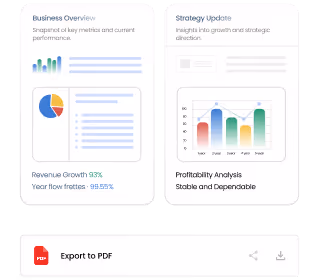 Dashboard showing business overview with charts and revenue growth at 93%, strategy update with a multicolor bar chart, and an export to PDF button.