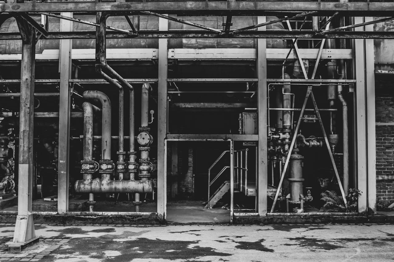 Industrial workplace with pipes and valves