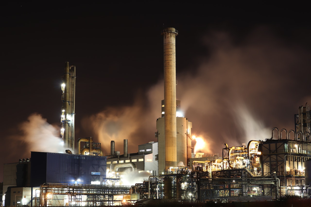 A chemical plant lit up at night